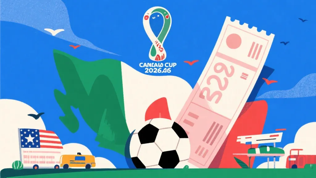 2026年美加墨世界杯概念图，包含足球与高昂旅行账单元素